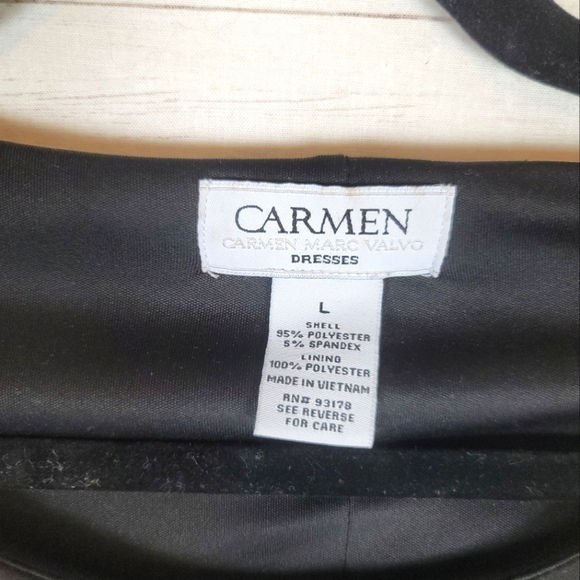 CARMEN MARC VALVO BLACK FAUX WRAP 3/4 SLEEVE KNEE LENGTH DRESS, SZ LARGE - Picture 5 of 13